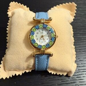 Gold and Blue Watch with Floral Design